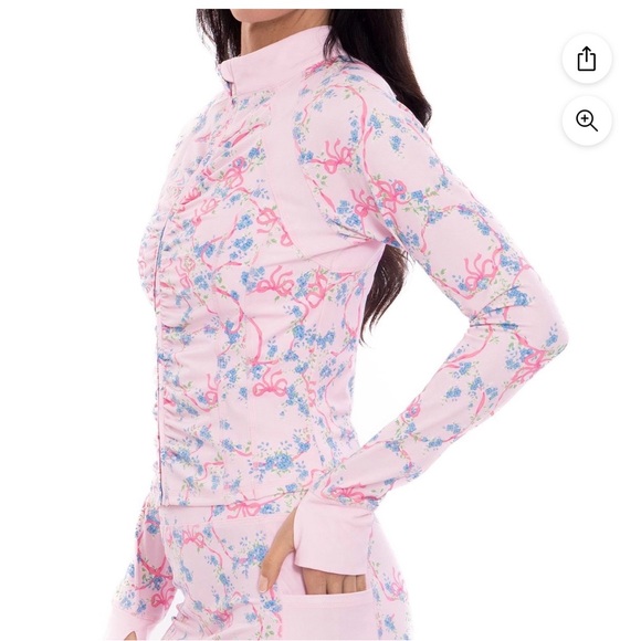 Shabby Chic Pink Floral Zip-Front Jacket with Blue Accents - Picture 3 of 3